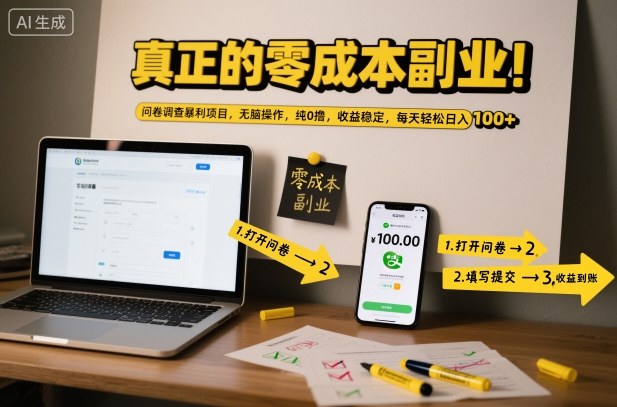真正的零成本副业！问卷调查暴利项目，无脑操作，纯0撸，收益稳定，每天轻松日入100+【揭秘】-木子聊项目