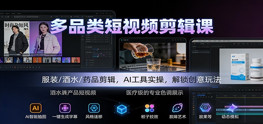 多品类短视频剪辑课：服装/酒水/药品剪辑，AI工具实操，解锁创意玩法-木子聊项目