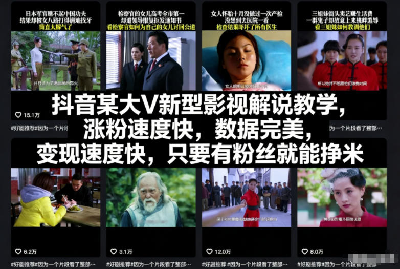 抖音某大V新型影视解说教学，涨粉速度快，数据完美，变现速度快，只要有粉丝就能挣米-木子聊项目