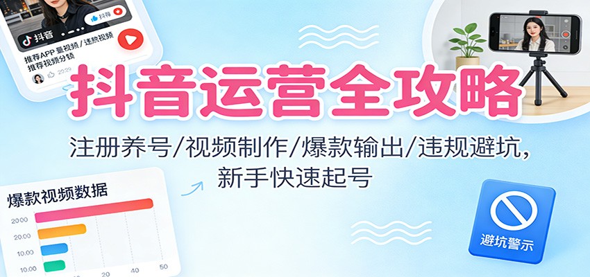 抖音运营全攻略：注册养号/视频制作/爆款输出/违规避坑，新手快速起号-木子聊项目