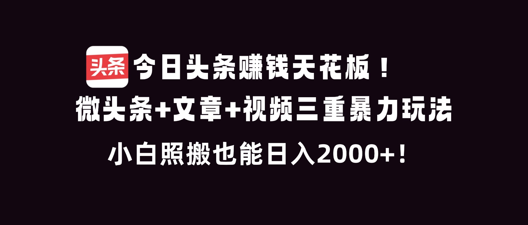 今日头条赚钱天花板！微头条+文章+视频三重暴利玩法，小白照搬也能日人2000+-木子聊项目