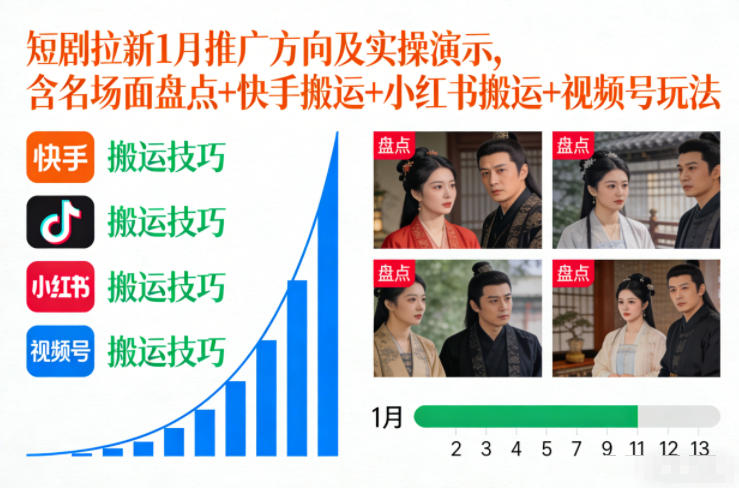 短剧拉新1月推广方向及实操演示，含名场面盘点+快手搬运+小红书搬运+视频号玩法-木子聊项目