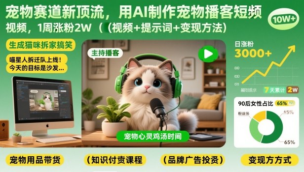 宠物赛道新顶流，用AI制作宠物播客短视频，1周涨粉2W(视频+提示词+变现方法)-木子聊项目