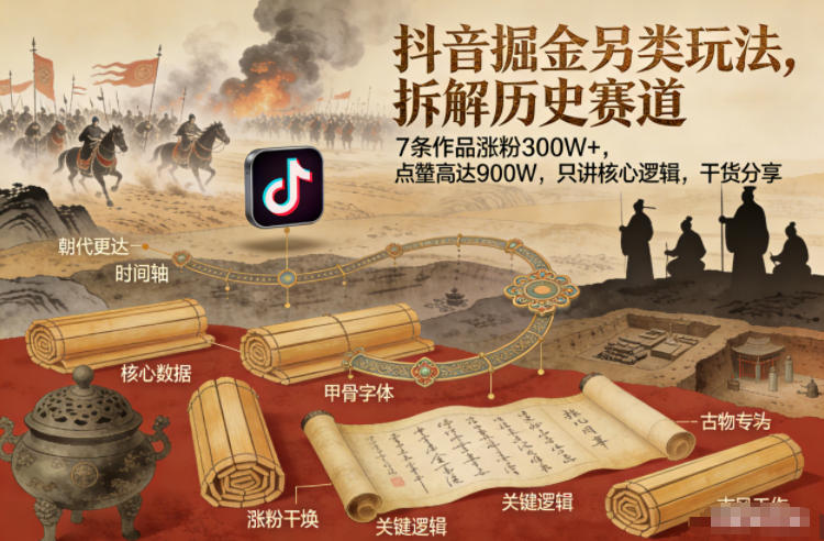 抖音掘金另类玩法，拆解历史赛道，7条作品涨粉300W+，点赞量高达900W，只讲核心逻辑，干货分享-木子聊项目