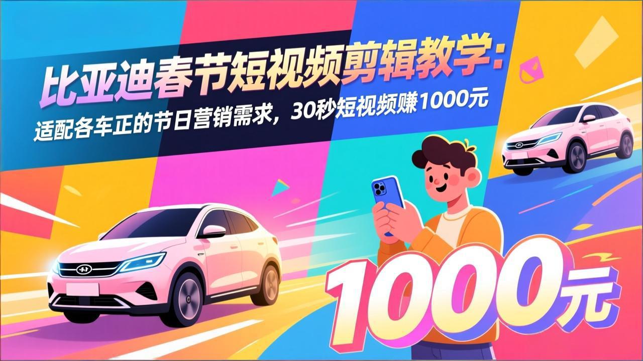 比亚迪春节短视频剪辑教学：适配各车企的节日营销需求，30秒短视频赚1000元-木子聊项目