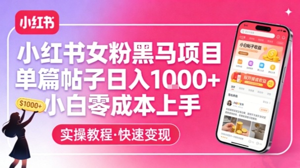 小红书女粉黑马项目，单篇帖子日入1k+，小白零成本上手-木子聊项目