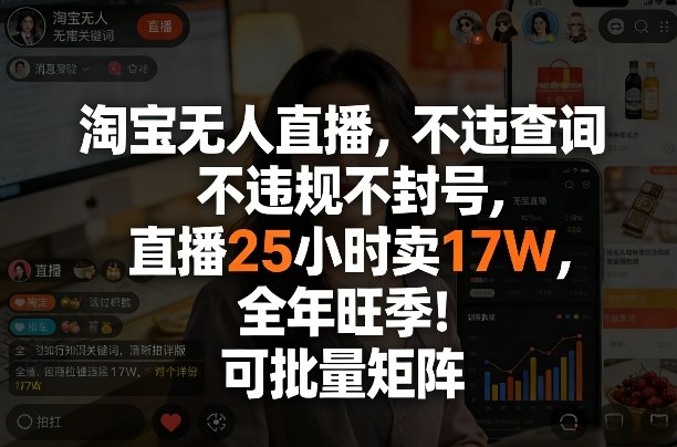 淘宝无人直播，不违规不封号，直播25小时卖17W，全年旺季！可批量矩阵【揭秘】-木子聊项目