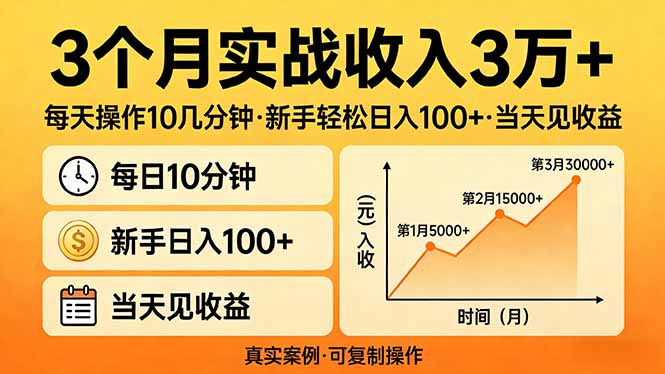 3个月实战收入3万+，每天操作10几分钟，新手轻松日入100+，当天见收益-木子聊项目