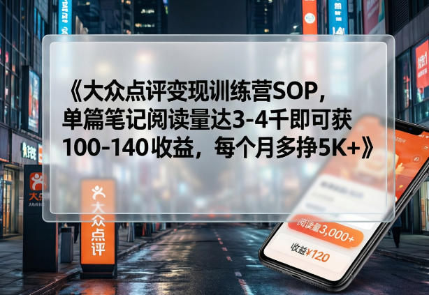 大众点评变现训练营SOP，单篇笔记阅读量达3-4千即可获100-140收益，每个月多挣5K+-木子聊项目