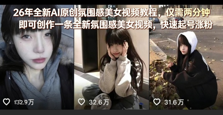 26年全新AI原创氛围感美女视频教程，仅需两分钟即可创作一条全新氛围感美女视频，快速起号涨粉-木子聊项目