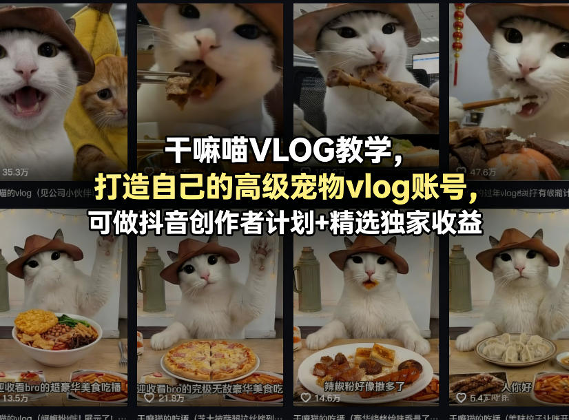 干嘛喵VLOG教学，打造自己的高级宠物vlog账号，可做抖音创作者计划+精选独家收益-木子聊项目