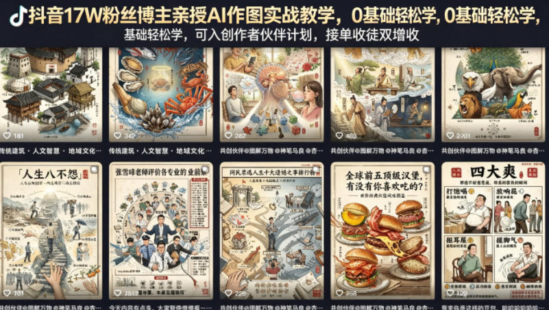 抖音17W粉丝博主亲授AI作图实战教学，0基础轻松学，可入创作者伙伴计划，接单收徒双增收-木子聊项目