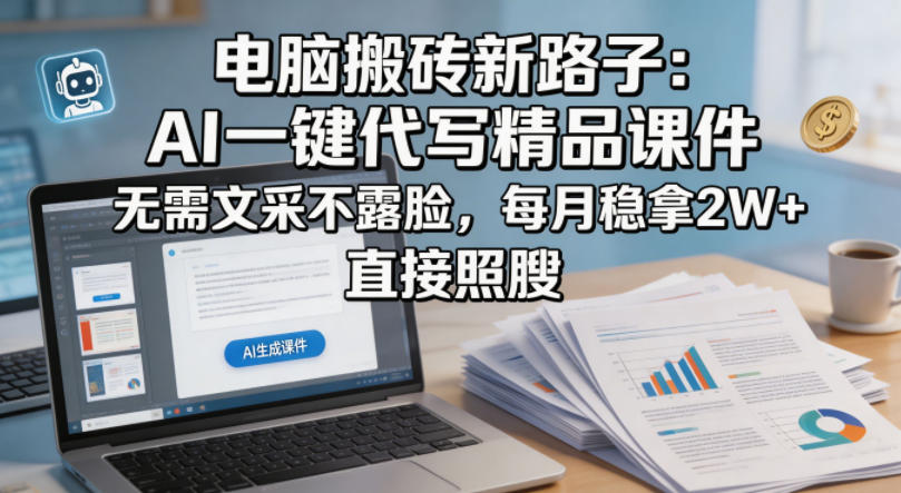 电脑搬砖新路子：AI一键代写精品课件，无需文采不露脸，每月稳拿2W+，直接照搬-木子聊项目