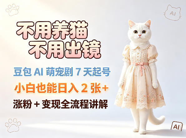 不用养猫不用出镜，豆包AI萌宠剧7天起号，小白也能日入2张+，涨粉+变现全流程讲解-木子聊项目