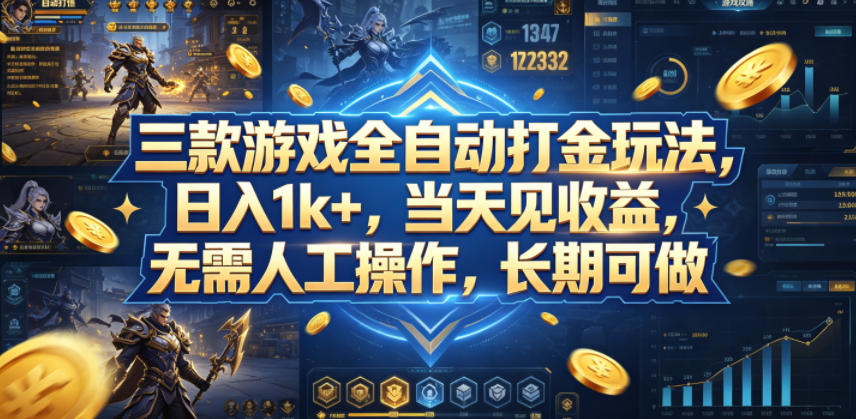 三款游戏全自动打金玩法，日入1k+，当天见收益，无需人工操作，长期可做【揭秘】-木子聊项目