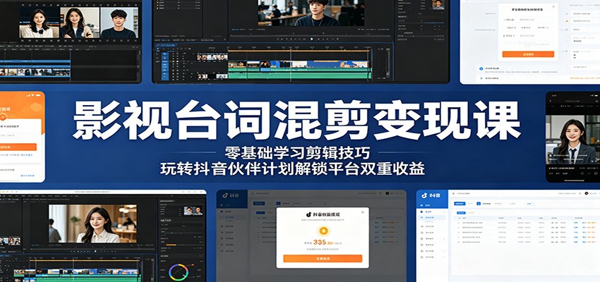 影视台词混剪变现课:零基础学习剪辑技巧,玩转抖音伙伴计划解锁平台双重收益-木子聊项目