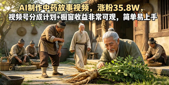 AI制作中药故事视频，涨粉35.8W，视频号分成计划+橱窗收益非常可观，简单易上手-木子聊项目