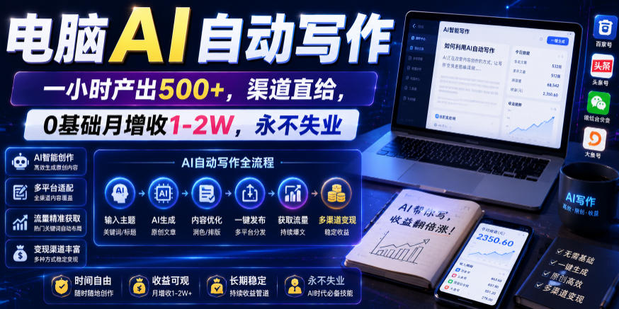 电脑AI自动写作，一小时产出500+，渠道直给，0基础月增收1-2W，永不失业【揭秘】-木子聊项目