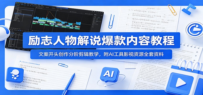 励志人物解说爆款内容教程：文案开头创作分阶剪辑教学，附AI 工具影视资源全套资料-木子聊项目