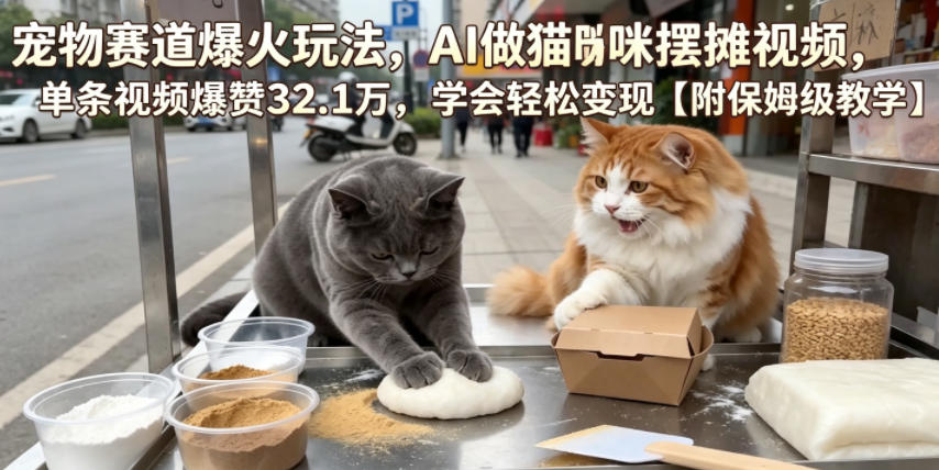 宠物赛道爆火玩法，AI做猫咪摆摊视频，单条视频爆赞32.1万，学会轻松变现【附保姆级教学】-木子聊项目