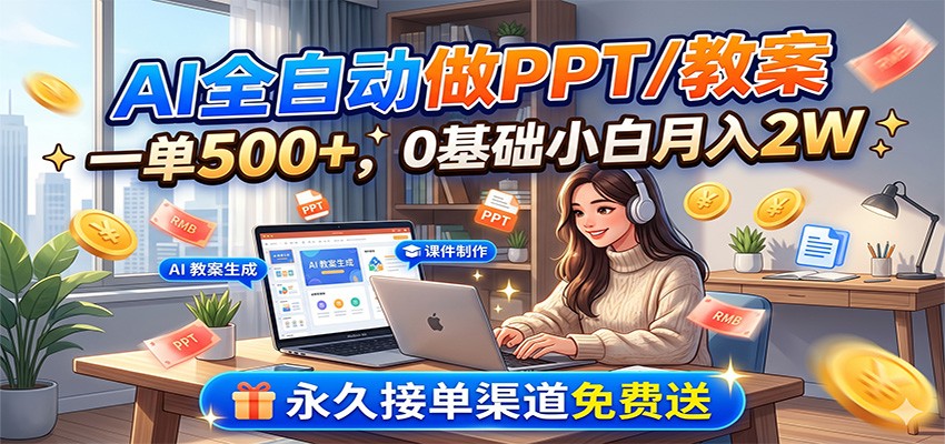 AI全自动做PPT/教案,一单500+,0基础小白月入2W,永久接单渠道免费送-木子聊项目