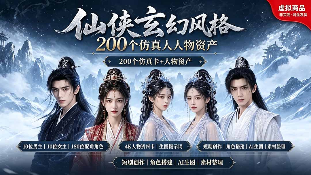 200个仙侠玄幻仿真人素材◆10男主×10女主×180配角，4K资料卡+AI生图提示词，漫剧必备-木子聊项目