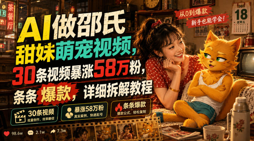 AI做邵氏甜妹萌宠视频，30条视频暴涨58万粉，条条爆款，详细拆解教程-木子聊项目