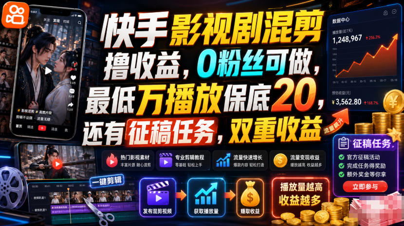 快手影视剧混剪撸收益，0粉丝可做，最低万播放保底20，还有征稿任务，双重收益-木子聊项目