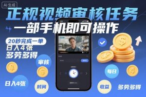 正规视频审核任务，一部手机即可操作，20秒完成一单，日入4张，多劳多得【揭秘】-木子聊项目