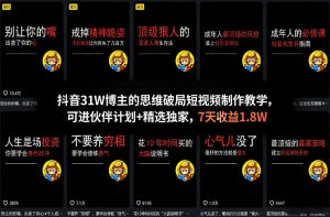 抖音31W博主的思维破局短视频制作教学，可进伙伴计划+精选独家，7天收益1.8W-木子聊项目