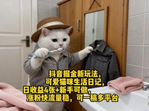 抖音掘金新玩法，可爱猫咪生活日记，日收益4张+新手可做，涨粉快流量稳，可一稿多平台-木子聊项目