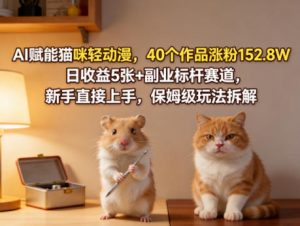 AI赋能猫咪轻动漫,40个作品涨粉152.8W,日收益5张+副业标杆赛道,新手直接上手,保姆级玩法拆解-木子聊项目