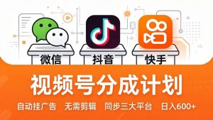 视频号分成计划:发视频自动挂广告,无需剪辑同步三大平台,单号轻松日入600+-木子聊项目