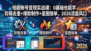 短剧账号变现实战课:0基础也能学,剪辑去重+爆款制作+星图接单,2026流量风口-木子聊项目