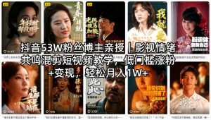 抖音53W粉丝博主亲授|影视情绪共鸣混剪短视频教学,低门槛涨粉+变现,轻松月入1W+-木子聊项目