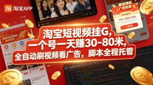 淘宝短视频挂G，一个号一天 賺30-80米，全自动刷视频看广告，脚本全程托管【揭秘】-木子聊项目