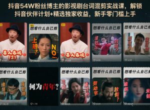 抖音54W粉丝博主的影视剧台词混剪实战课,解锁抖音伙伴计划+精选独家收益,新手零门槛上手-木子聊项目