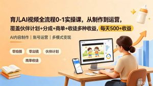 育儿AI视频全流程0-1实操课,从制作到运营,覆盖伙伴计划+分成+商单+收徒多种收益,每天500+收益-木子聊项目